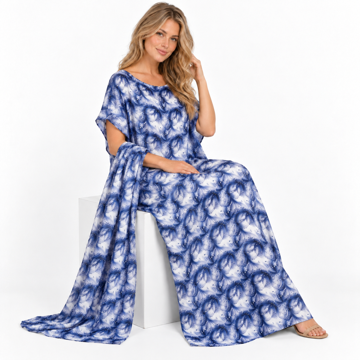 Blue Abstract Print Silk Satin Kaftan