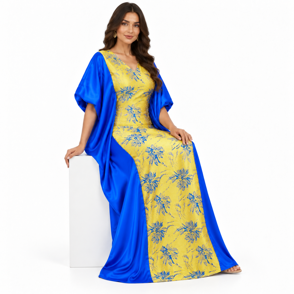 Royal Blue Gold Floral Baju Kaftan