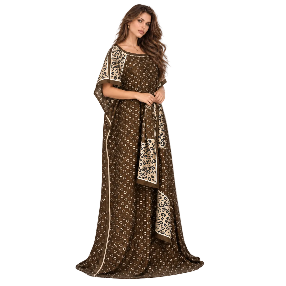 Brown Leopard Trim Printed Elegant Kaftan