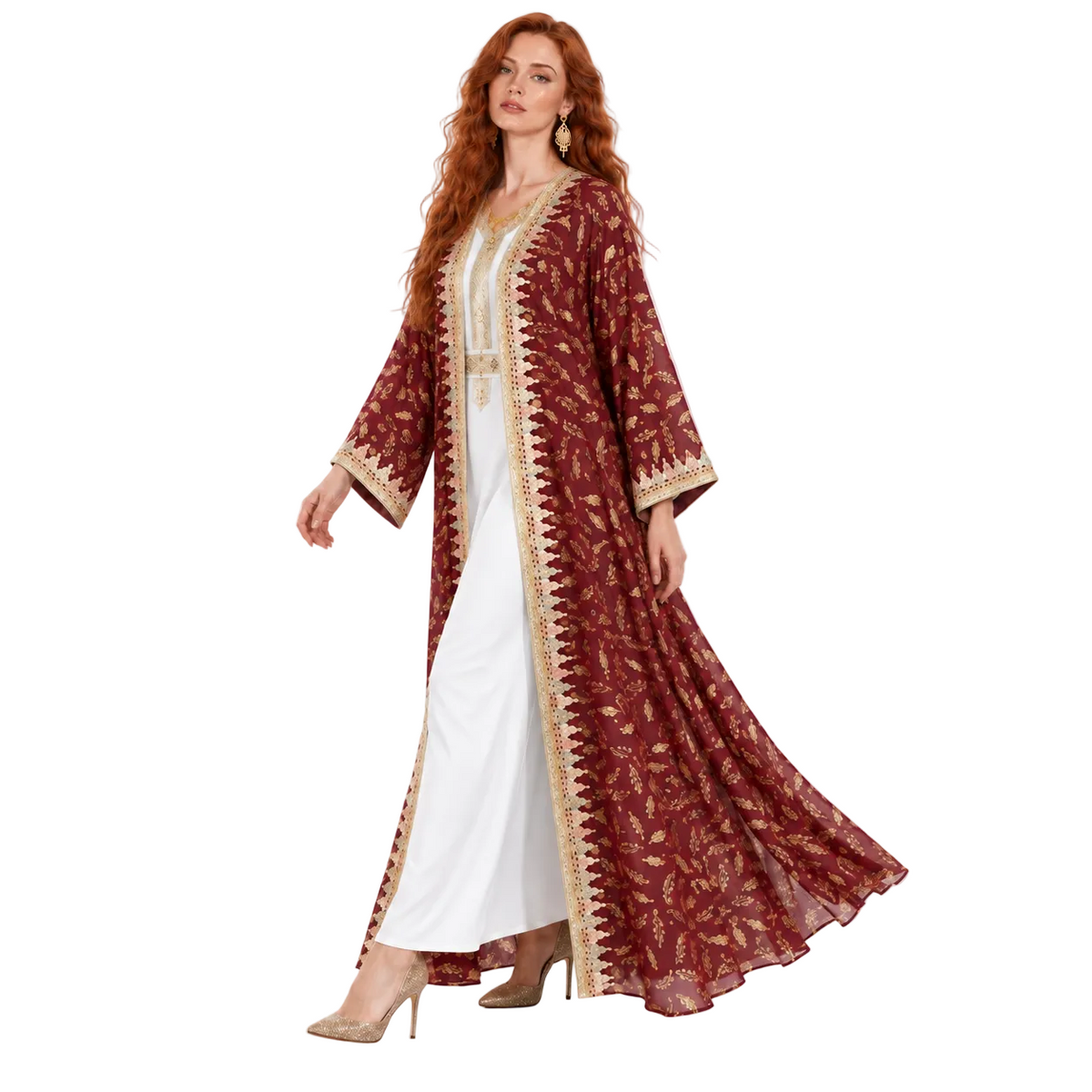Burgundy Gold Floral Embroidered Lebaran Kaftan