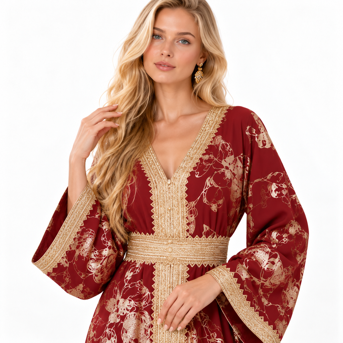 Red Gold Embroidered Luxury Gamis Kaftan