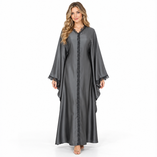 Grey Lace Trimmed Silk Satin Kaftan