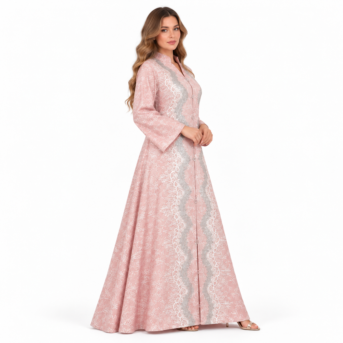 Elegant Pink Floral Sequin Embroidered Kaftan
