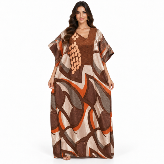 Brown Rust Abstract Print Baju Kaftan