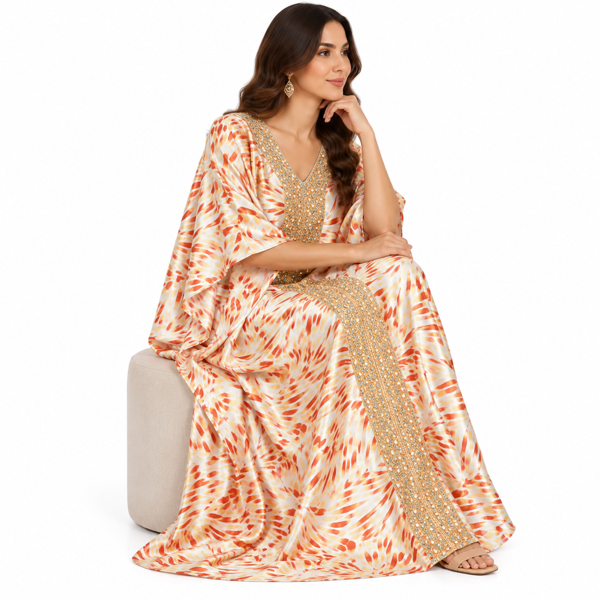 Champagne Orange Embellished Satin Baju Kaftan
