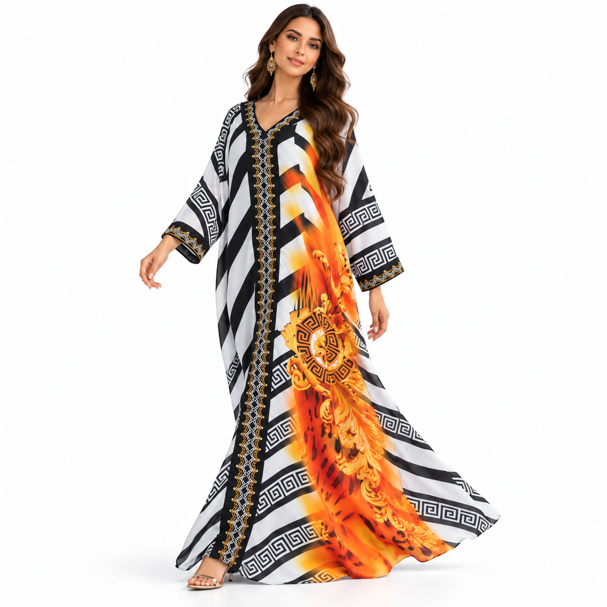 Orange Baroque Geometric Flowing Baju Kaftan
