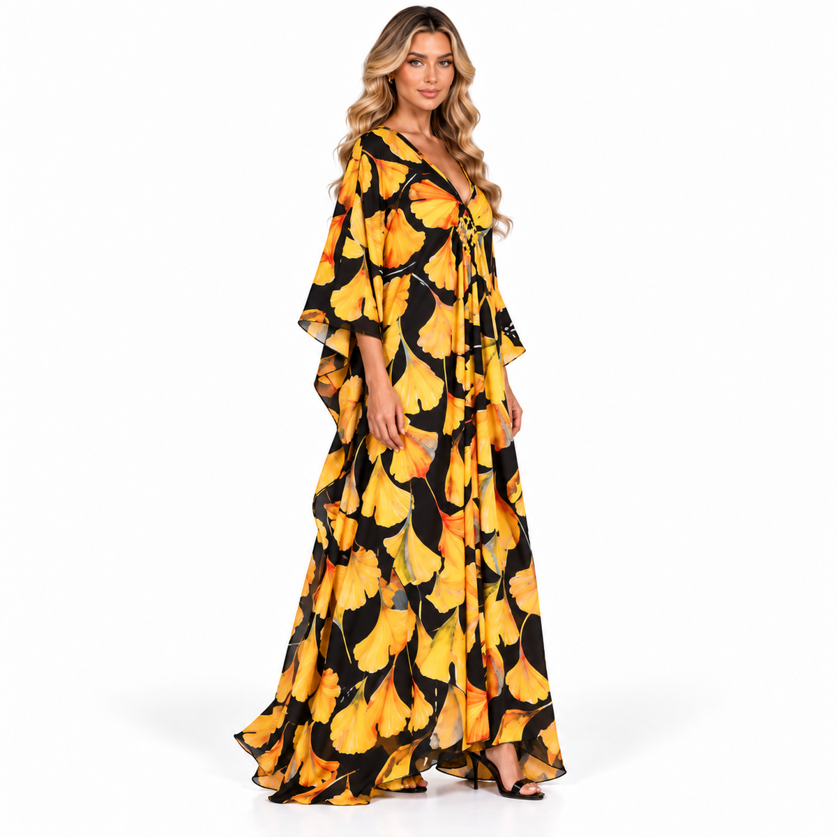 Elegant Yellow Floral Print Modern Kaftan