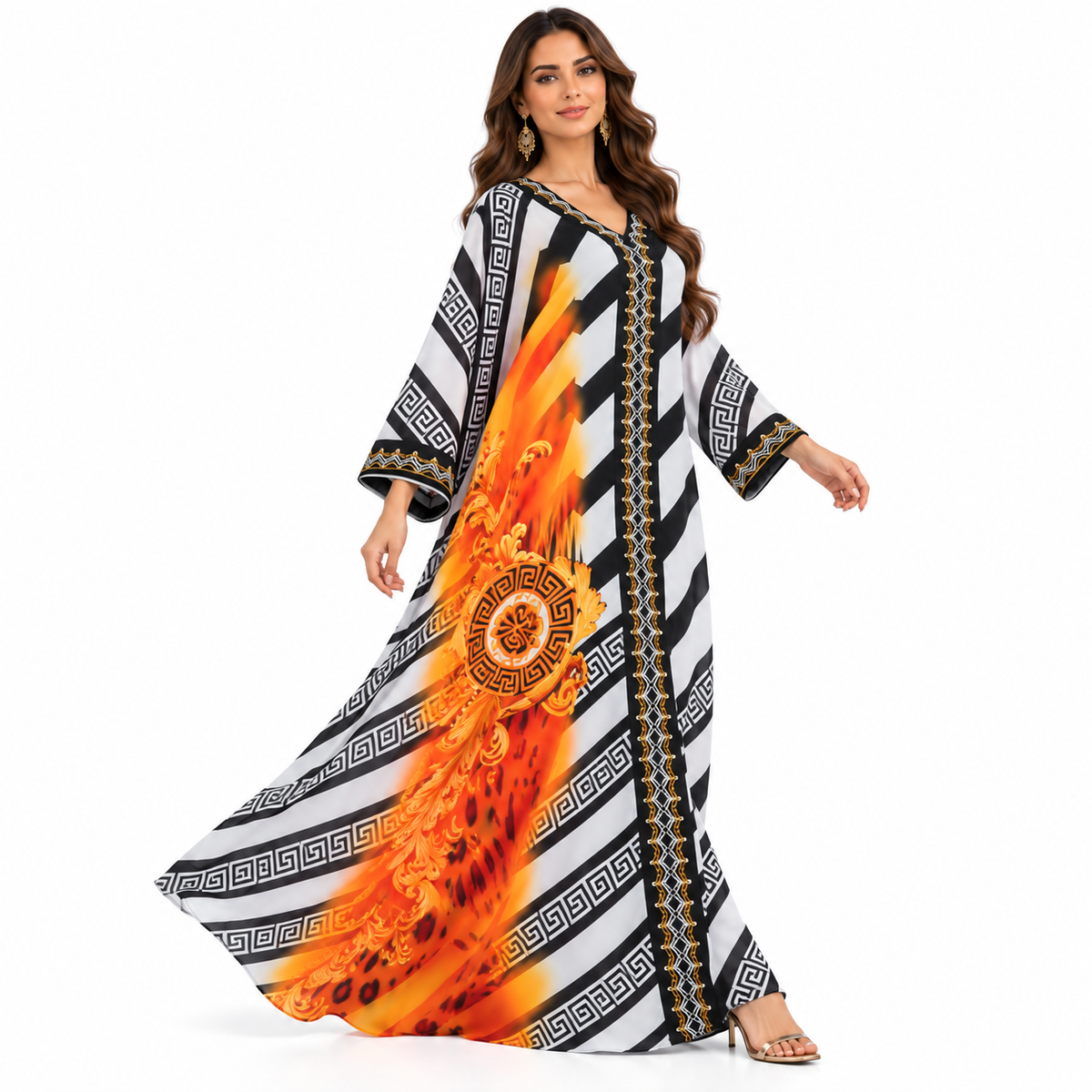 Orange Baroque Geometric Flowing Baju Kaftan
