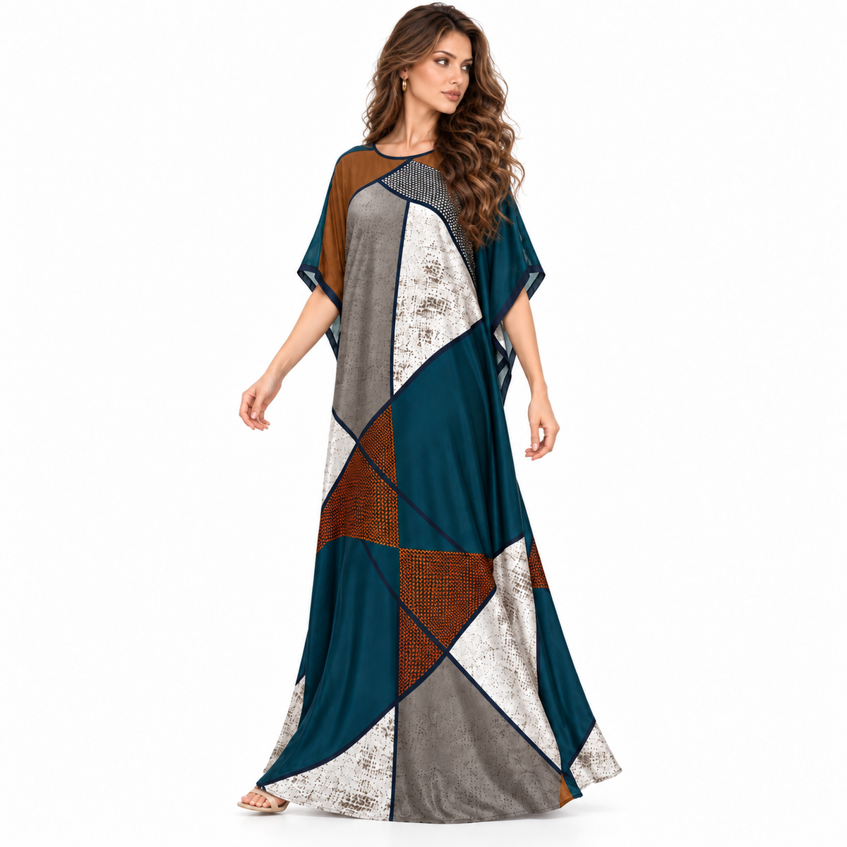 Blue Geometric Patchwork Flowing Elegant Kaftan