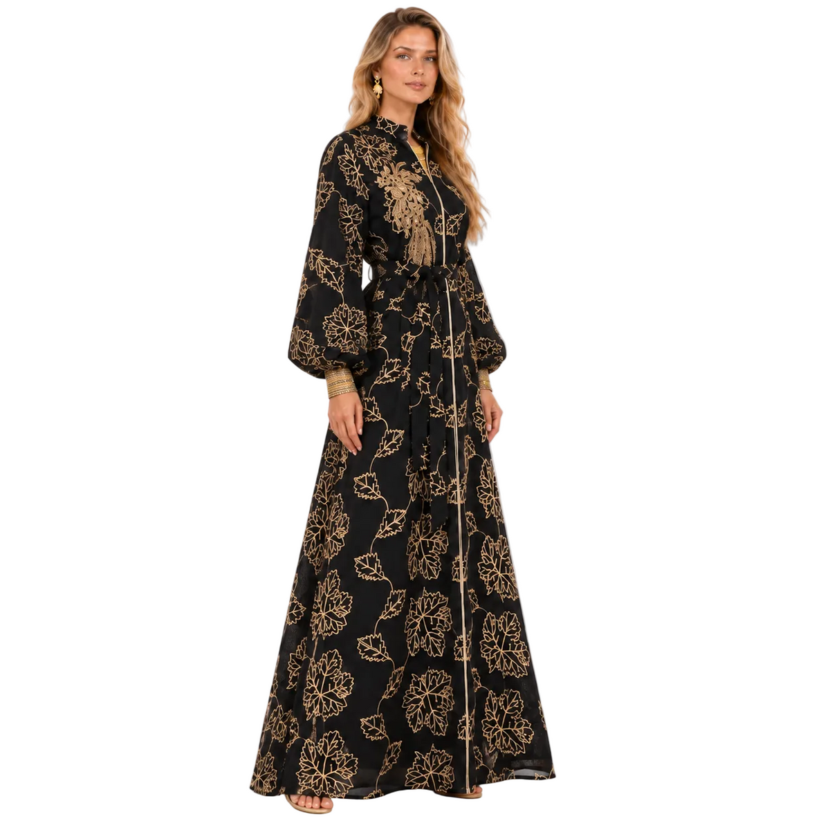Black Gold Floral Embroidered Gamis Kaftan