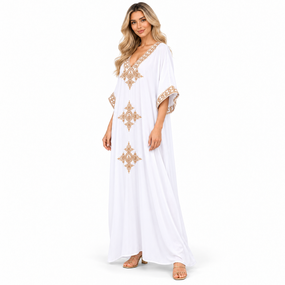 Elegant White Gold Embroidery Modern Kaftan