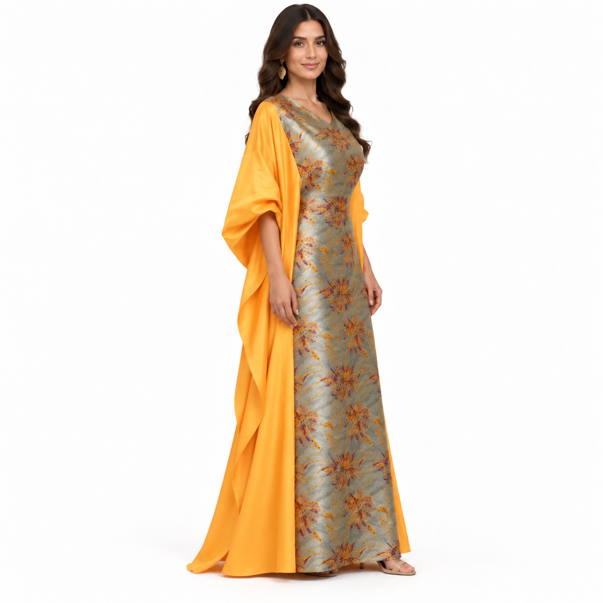 Yellow Floral Brocade Satin Baju Kaftan
