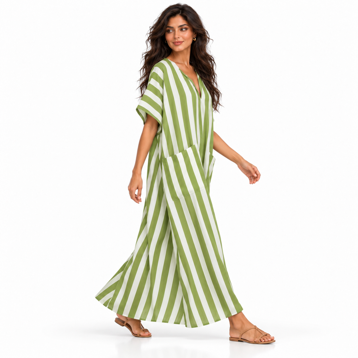 Olive Green Striped Linen Kaftan Dress