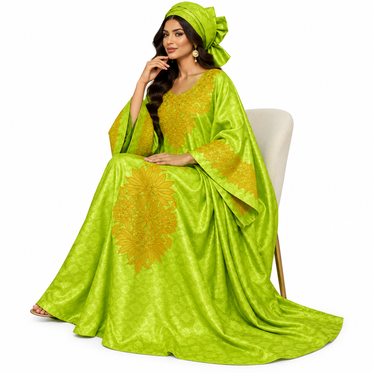 Lime Gold Embroidered Luxury Baju Kaftan