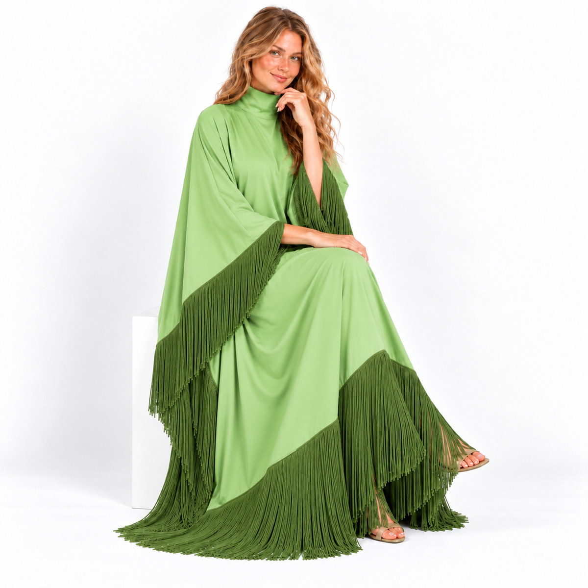 Light Green Elegant Fringe Detail Kaftan