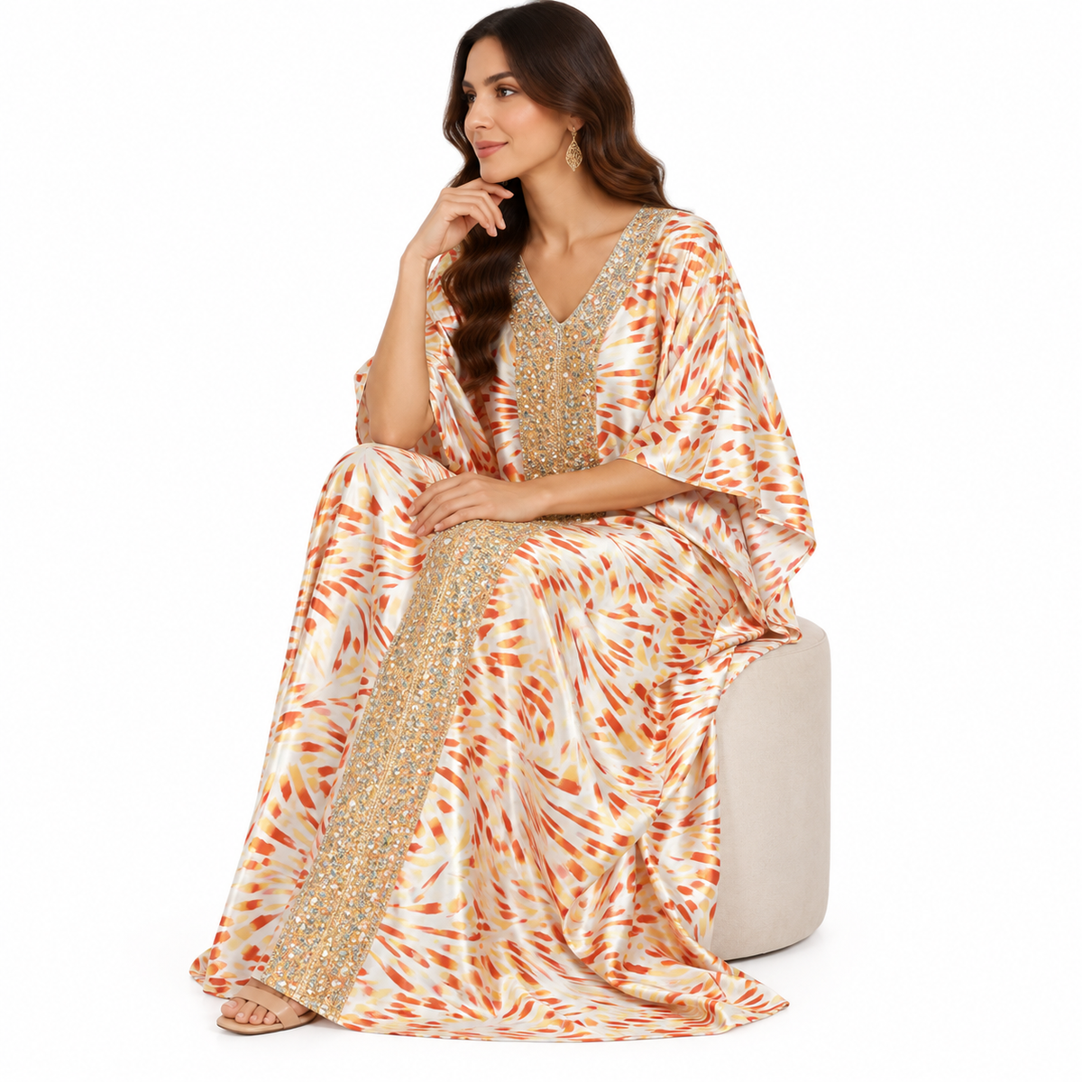 Champagne Orange Embellished Satin Baju Kaftan