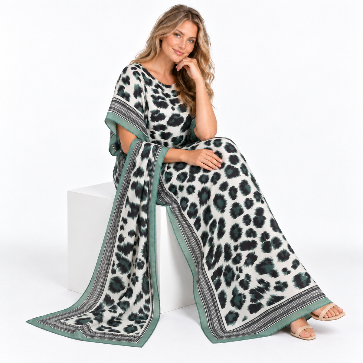 Light Green Leopard Silk Satin Kaftan
