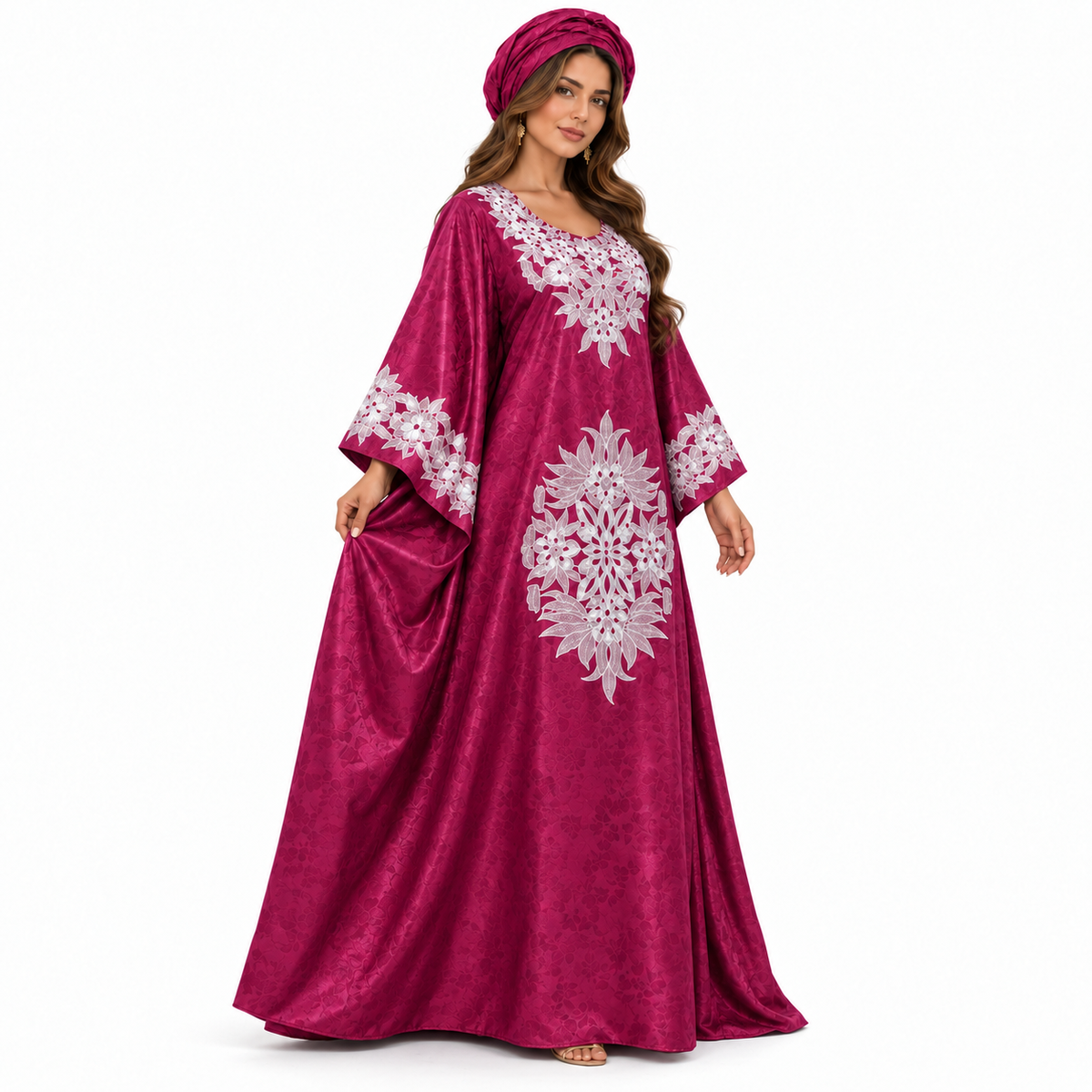 Mehroon Embroidered Satin Luxury Baju Kaftan