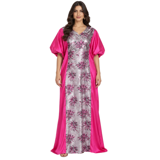 Fuchsia Silver Floral Satin Baju Kaftan