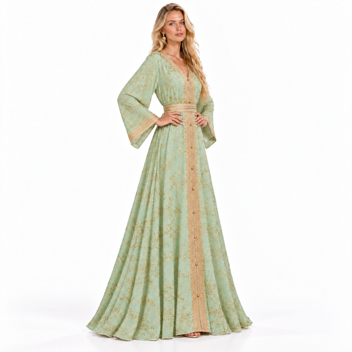 Mint Green Gold Embroidered Gamis Kaftan