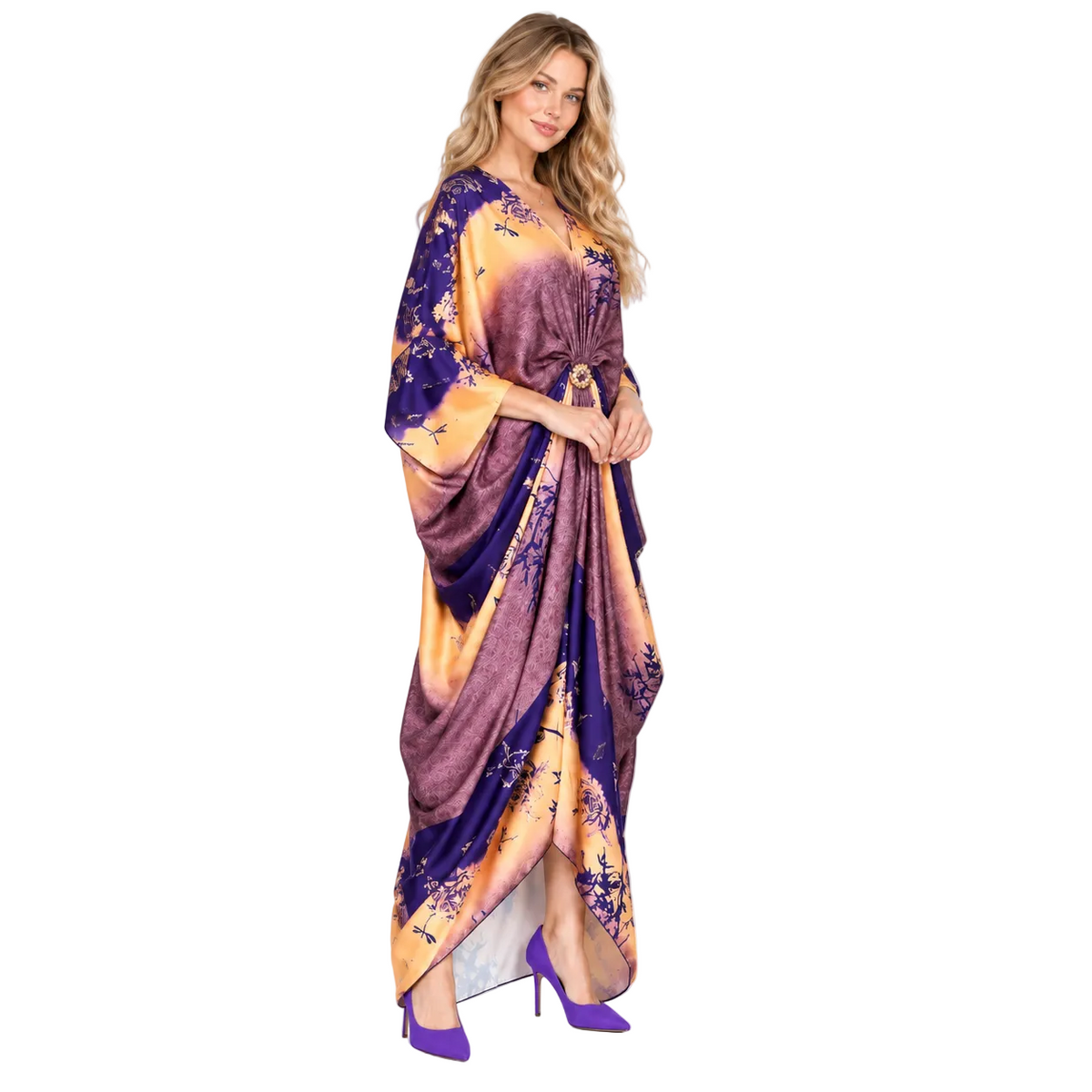 Purple Floral Draped Silk Satin Kaftan