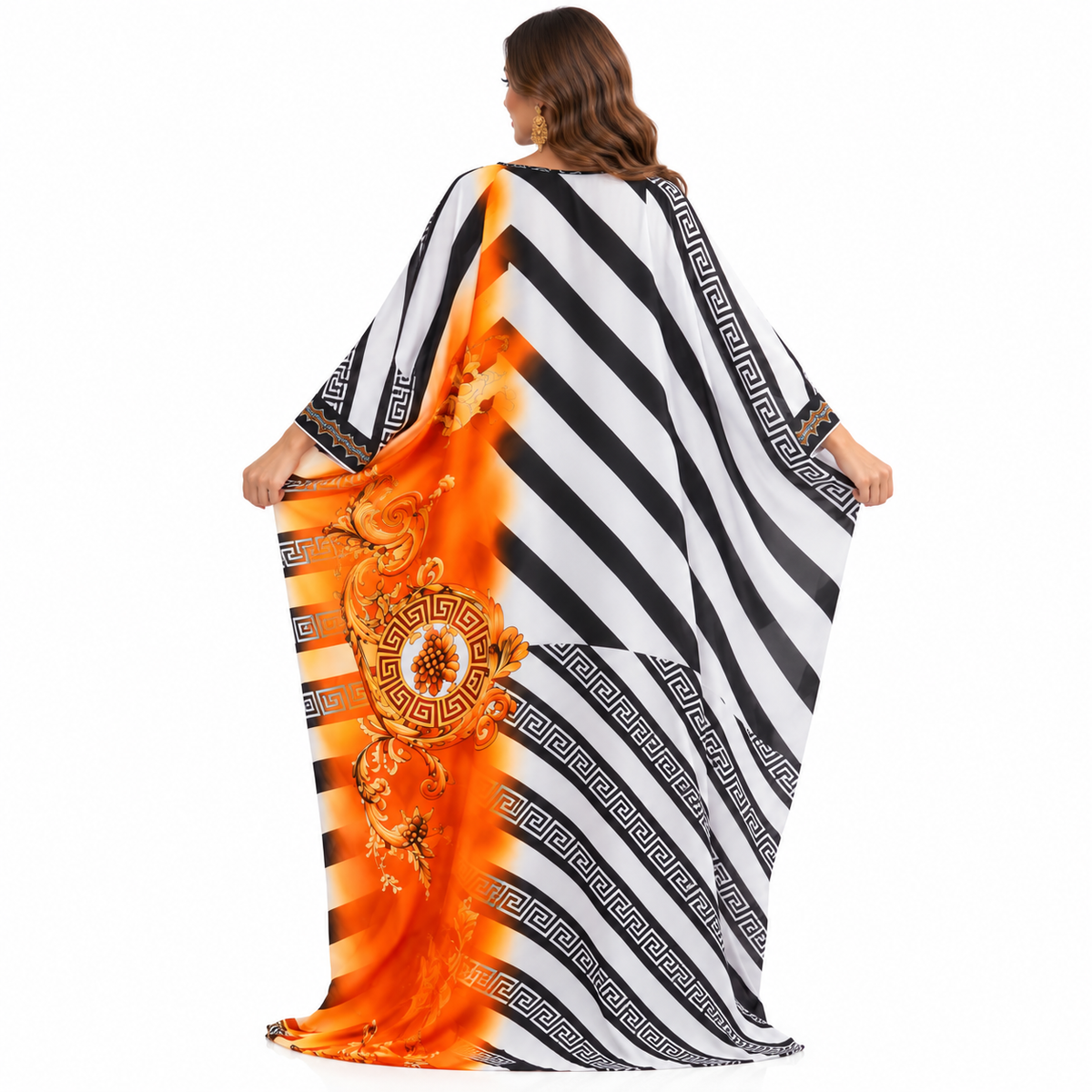 Orange Baroque Geometric Flowing Baju Kaftan