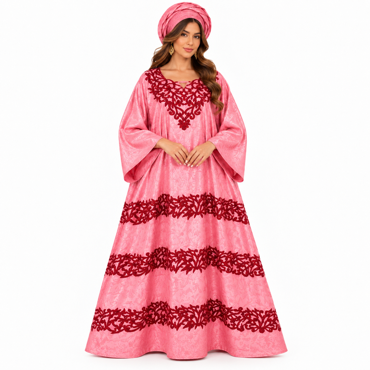 Pink Burgundy Embroidered Flowing Baju Kaftan