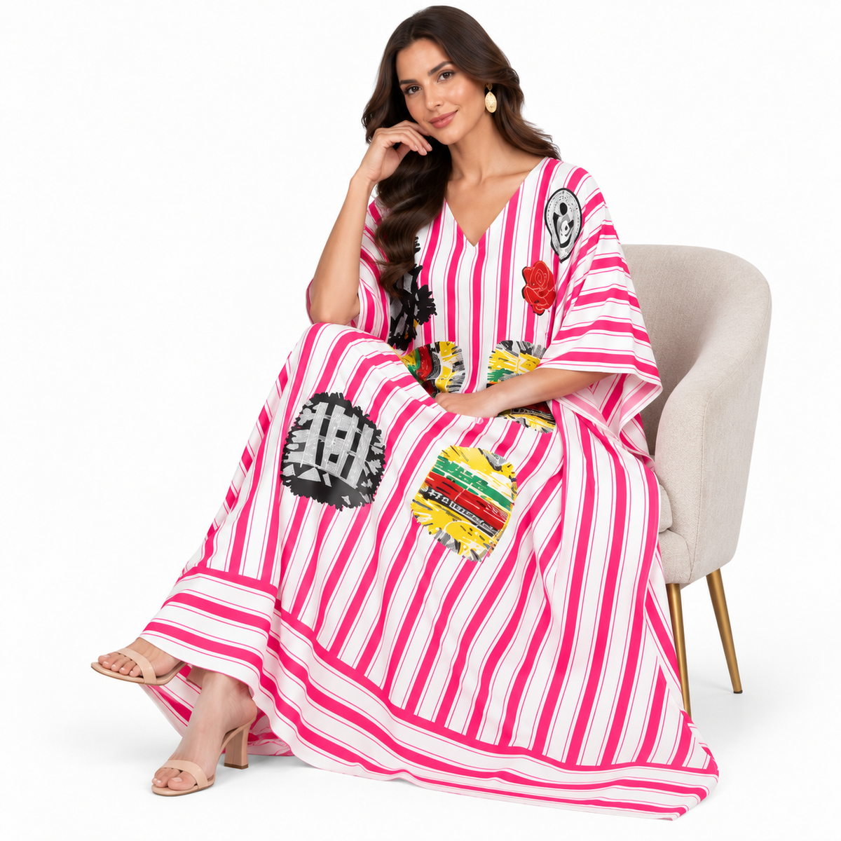 Pink White Striped Artistic Baju Kaftan