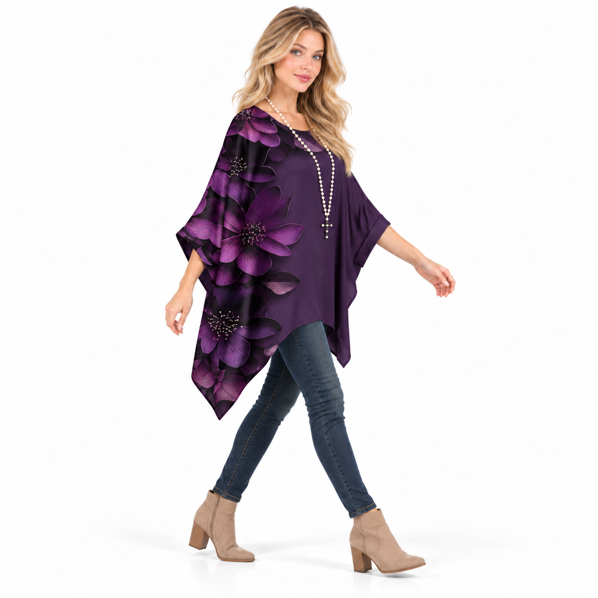 Elegant Purple Floral Flowy Kaftan Top
