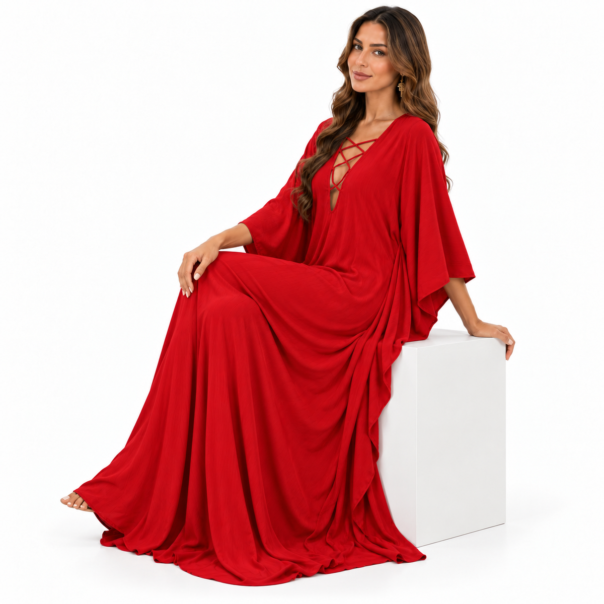 Red Lace-Up Flowing Baju Kaftan