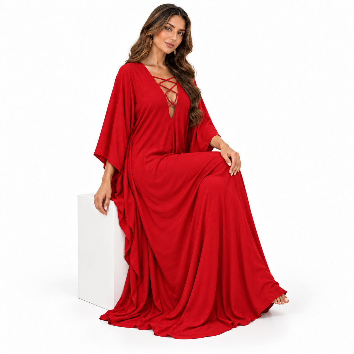 Red Lace-Up Flowing Baju Kaftan