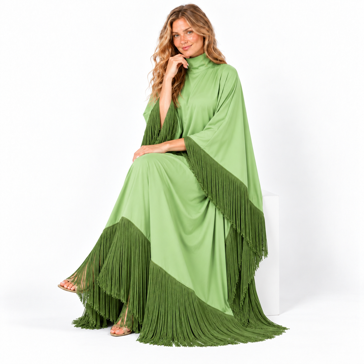 Light Green Elegant Fringe Detail Kaftan