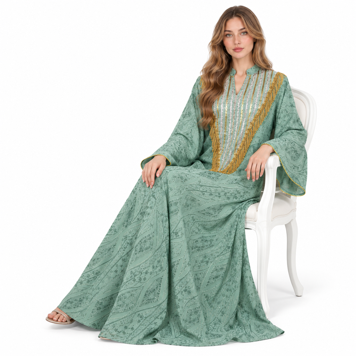 Elegant Mint Green Gold Sequin Kaftan