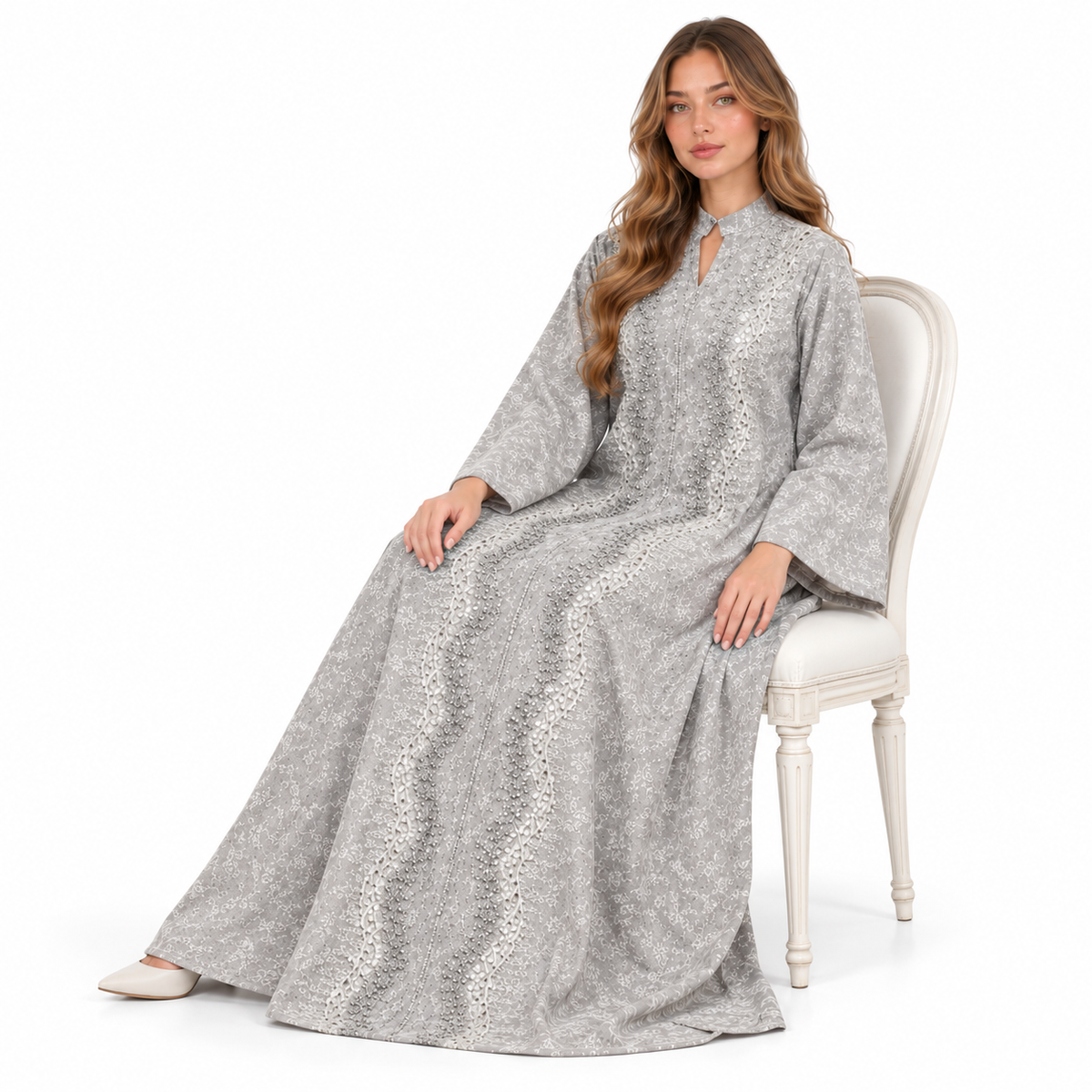 Elegant Silver Grey Embroidered Sequin Kaftan