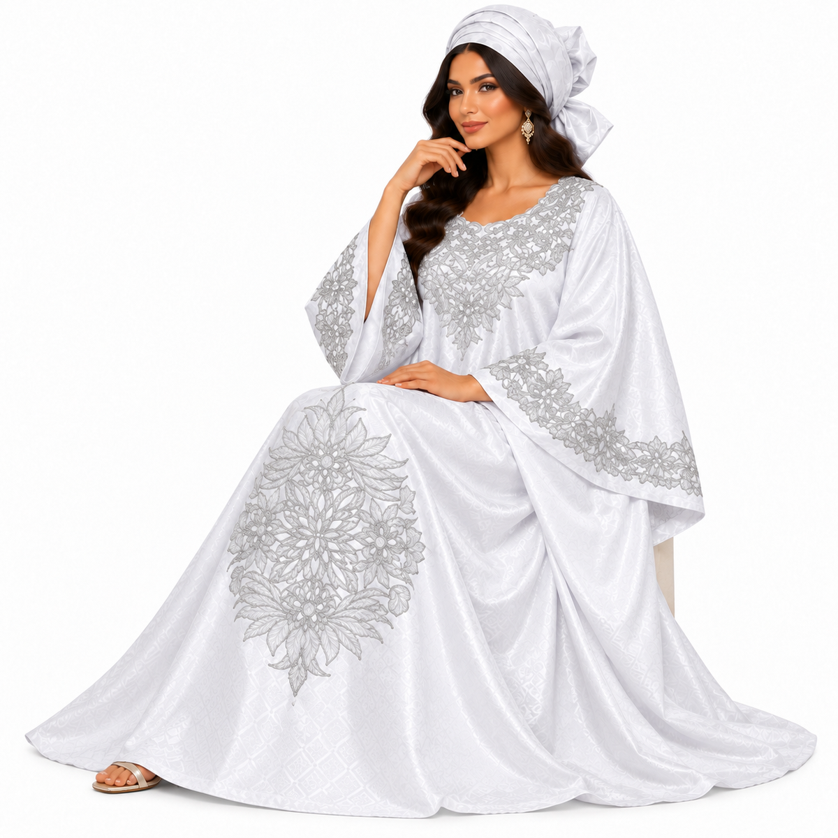 White Silver Embroidered Luxury Baju Kaftan