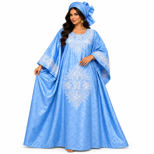 Sky Blue White Embroidered Baju Kaftan