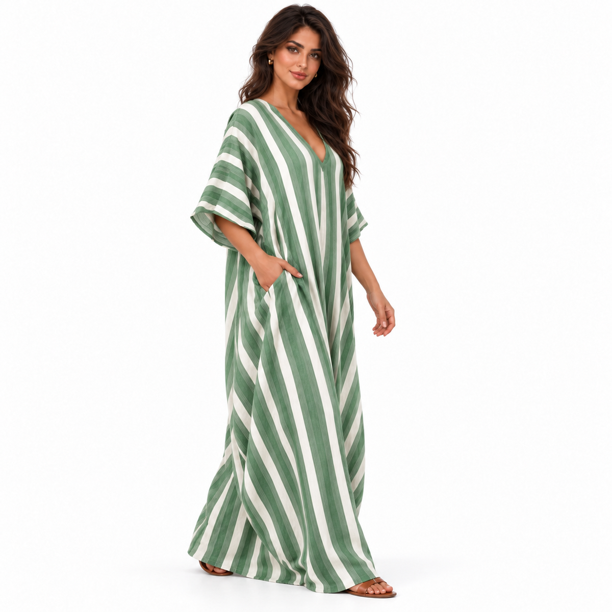 Elegant Green Striped Linen Kaftan Dress