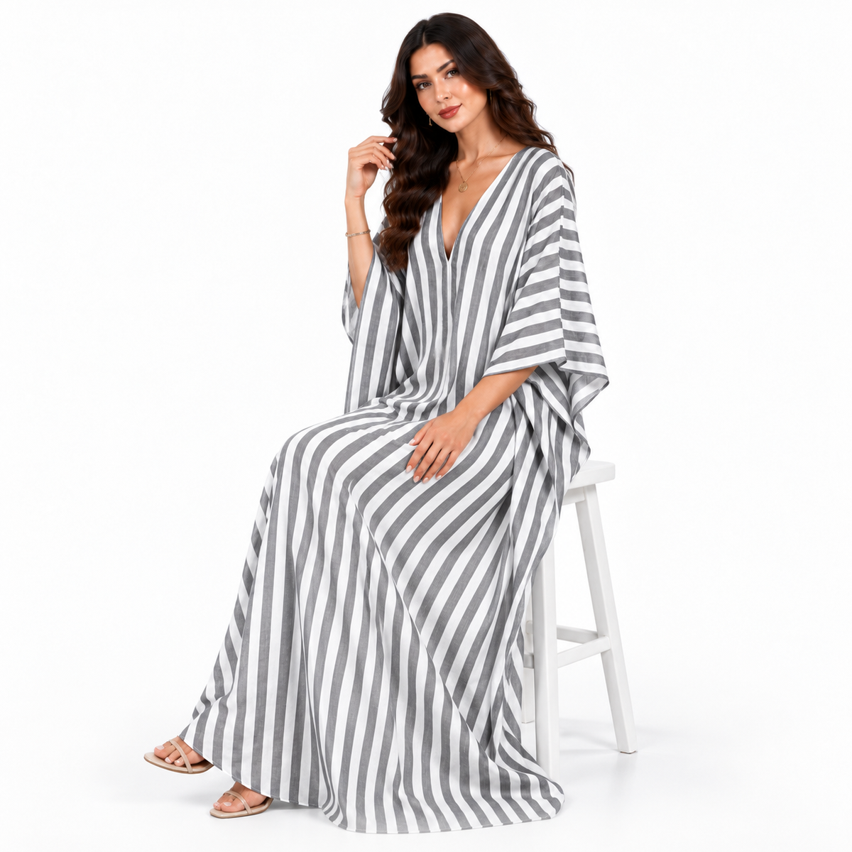 Grey White Striped Plus Size Kaftan