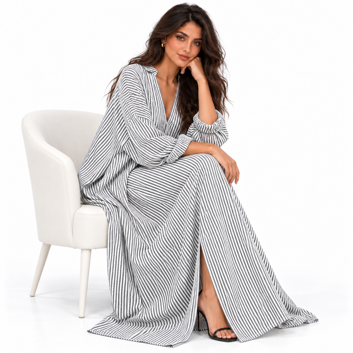 Elegant Grey Striped Linen Kaftan Dress