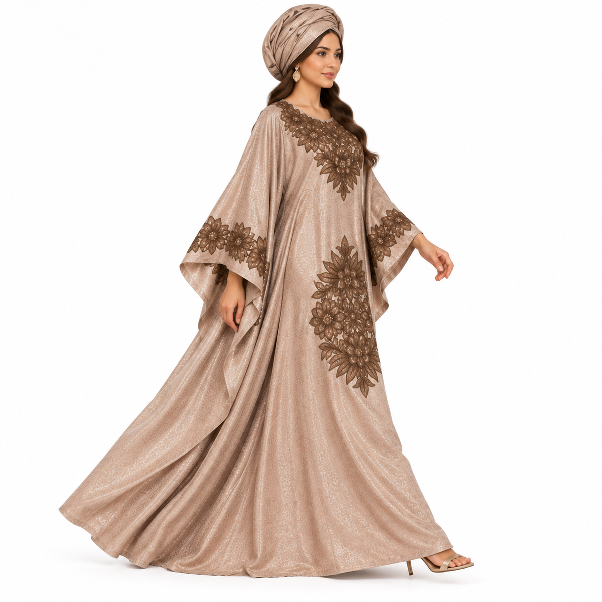 Shimmering Taupe Floral Embroidered Baju Kaftan
