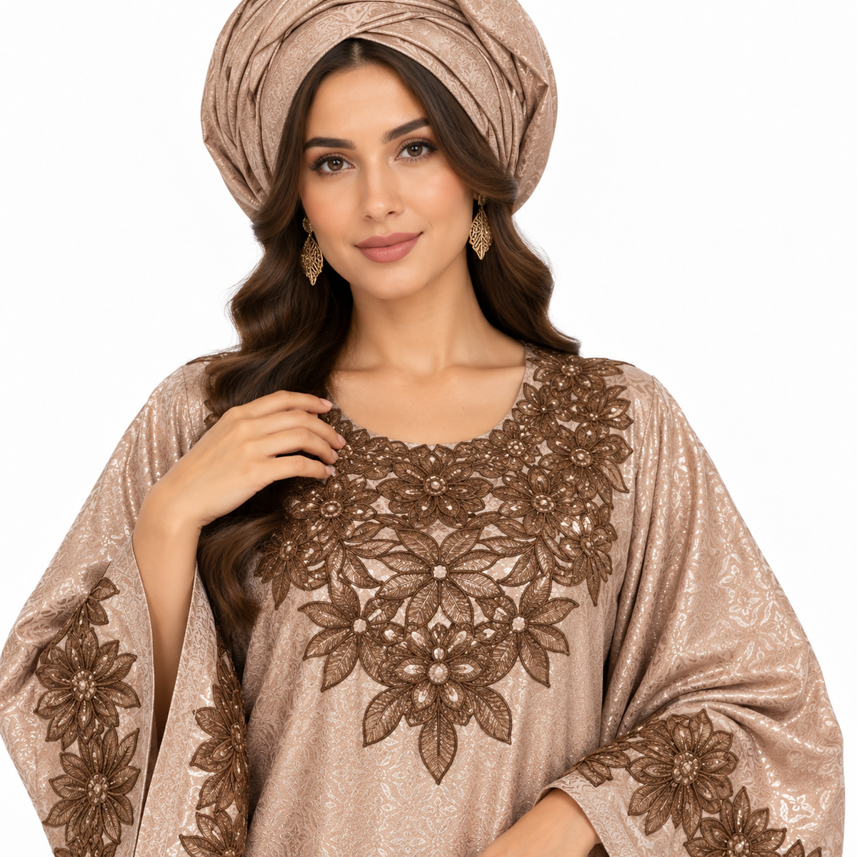 Shimmering Taupe Floral Embroidered Baju Kaftan