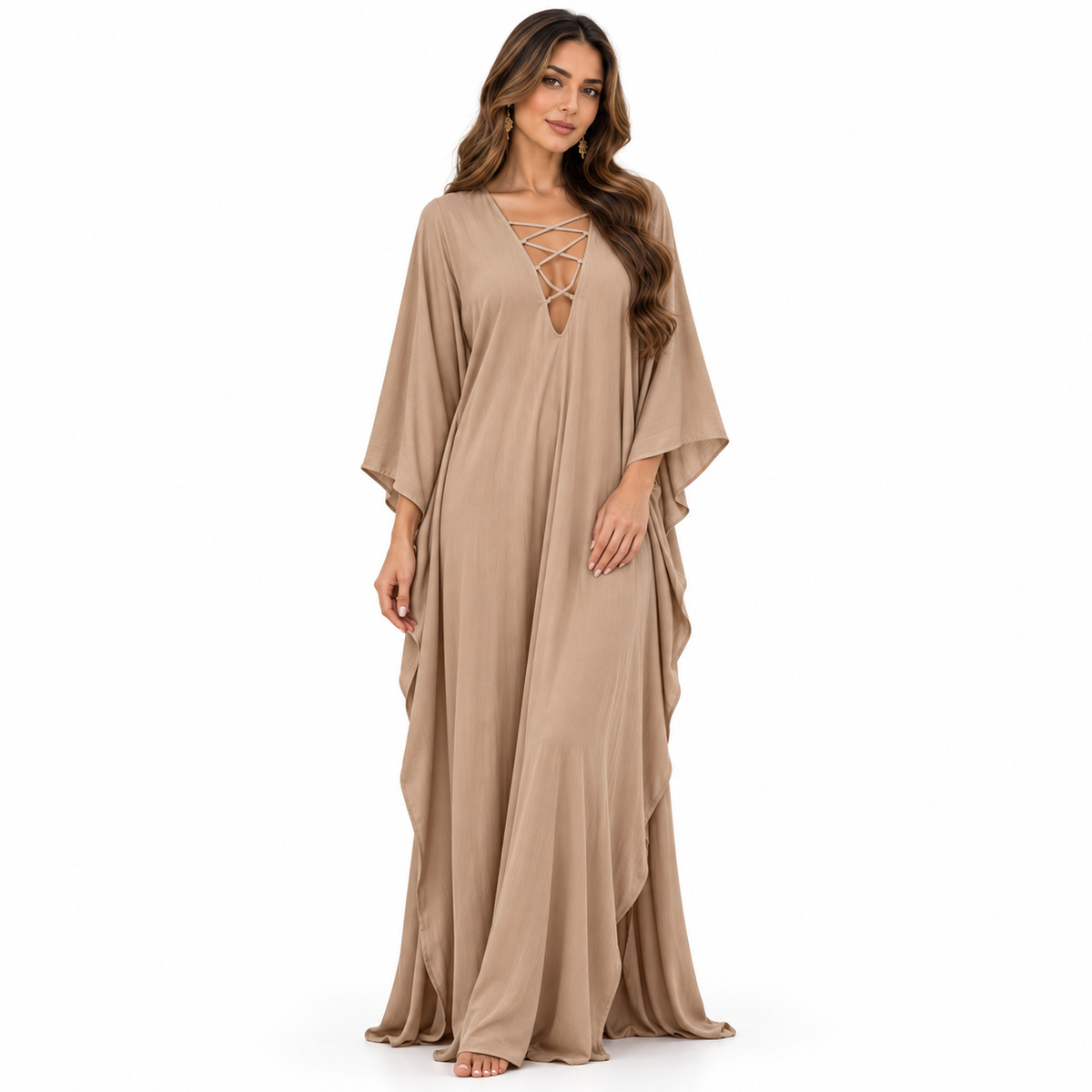 Taupe Lace-Up Flowing Baju Kaftan