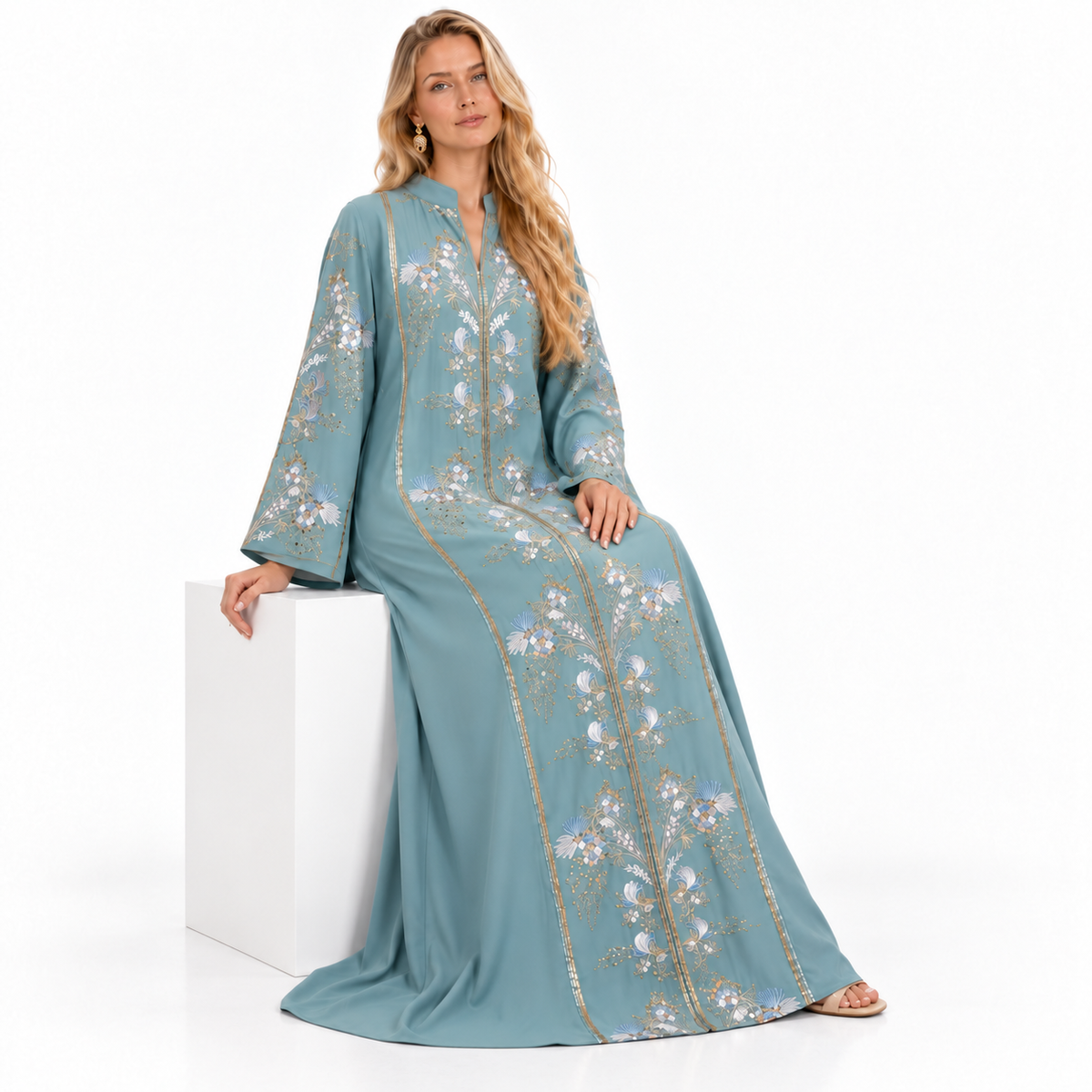 Light Green Floral Embroidered Gamis Kaftan