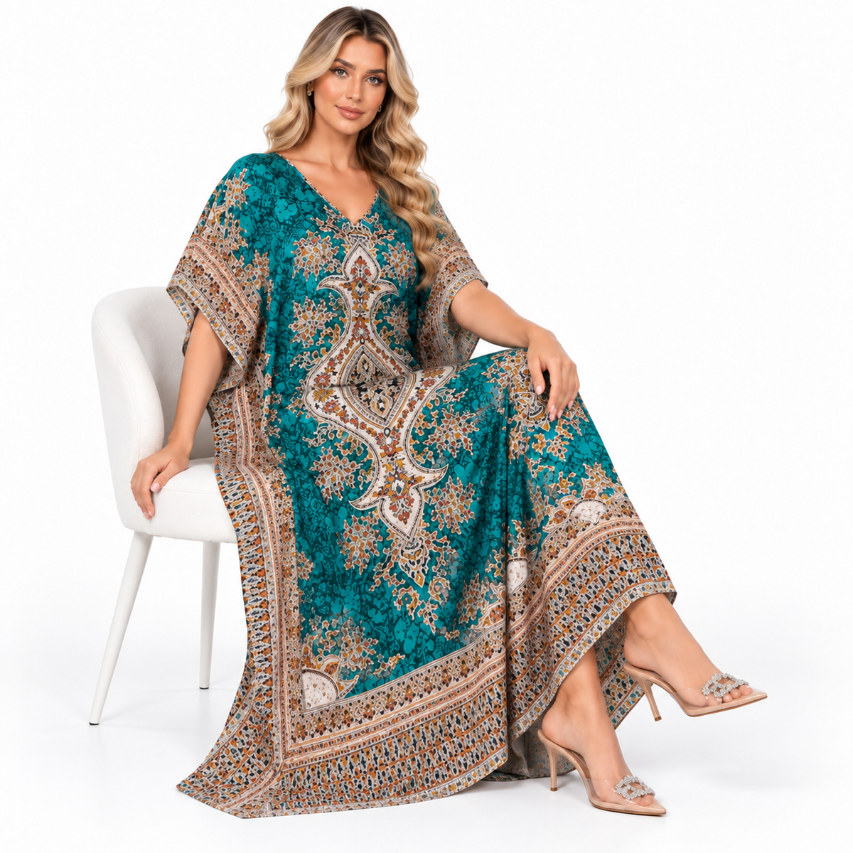 Green Ornate Paisley Print Modern Kaftan