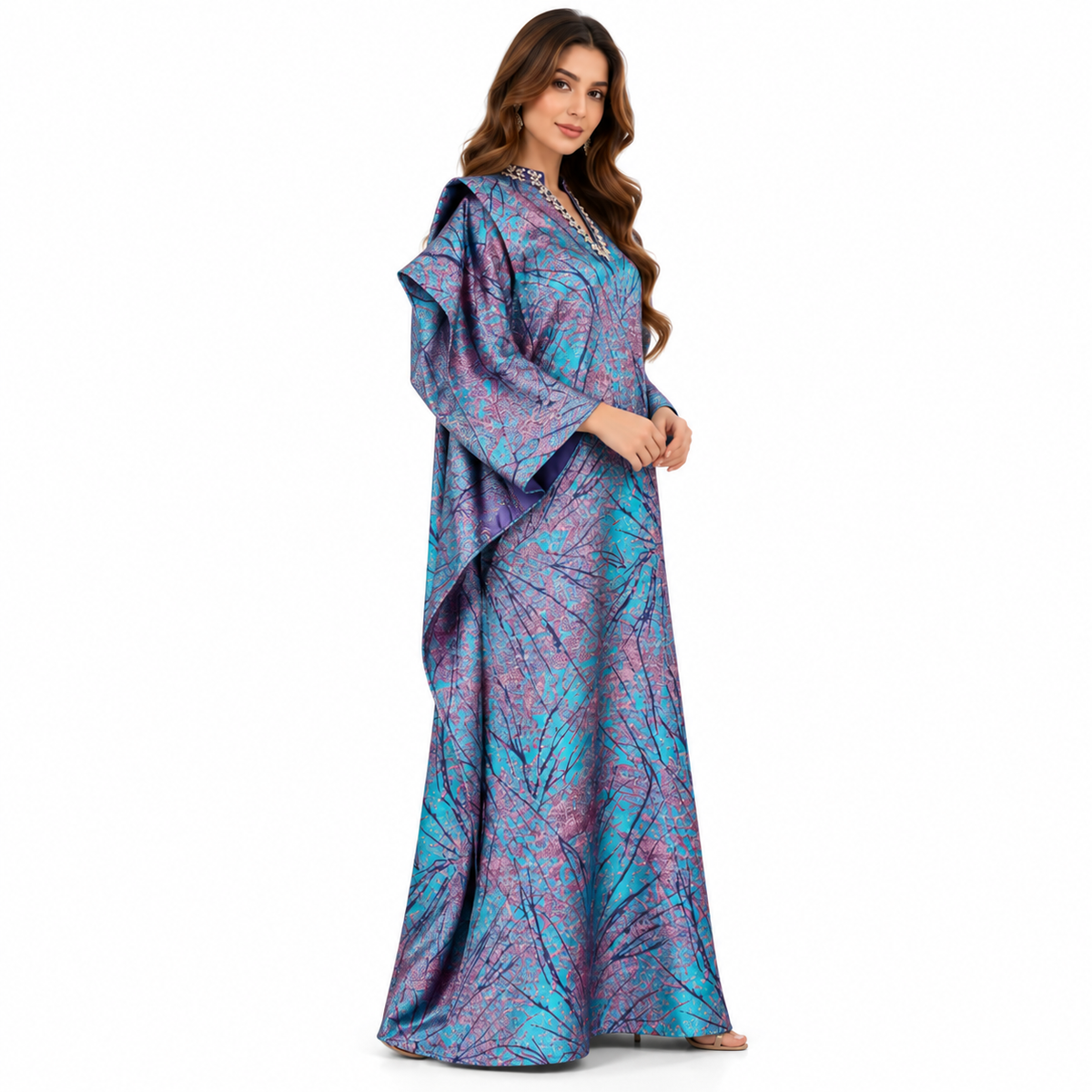 Turquoise Purple Printed Luxury Baju Kaftan