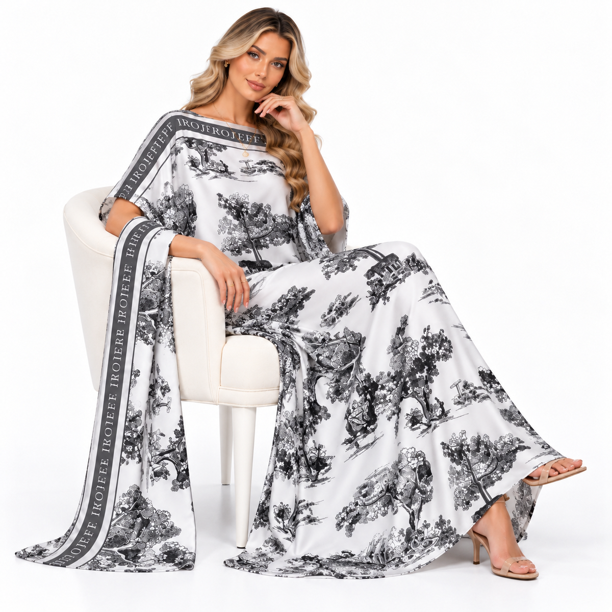 Elegant Monochrome Landscape Printed Modern Kaftan