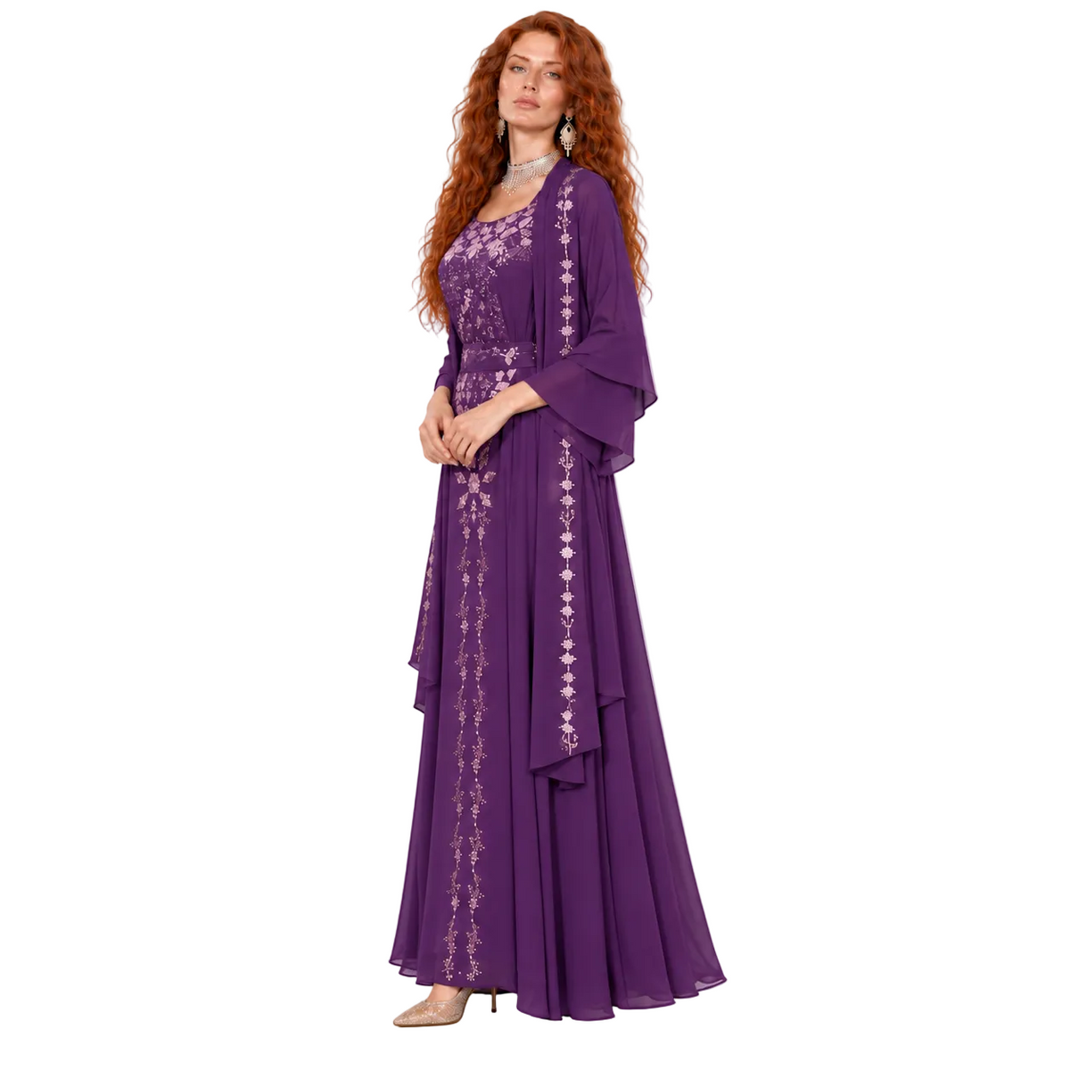 Elegant Purple Floral Embroidered Kaftan Lebaran