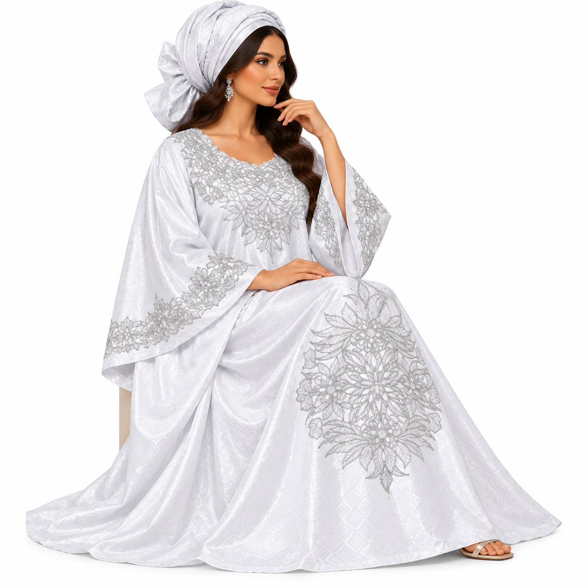 White Silver Embroidered Luxury Baju Kaftan