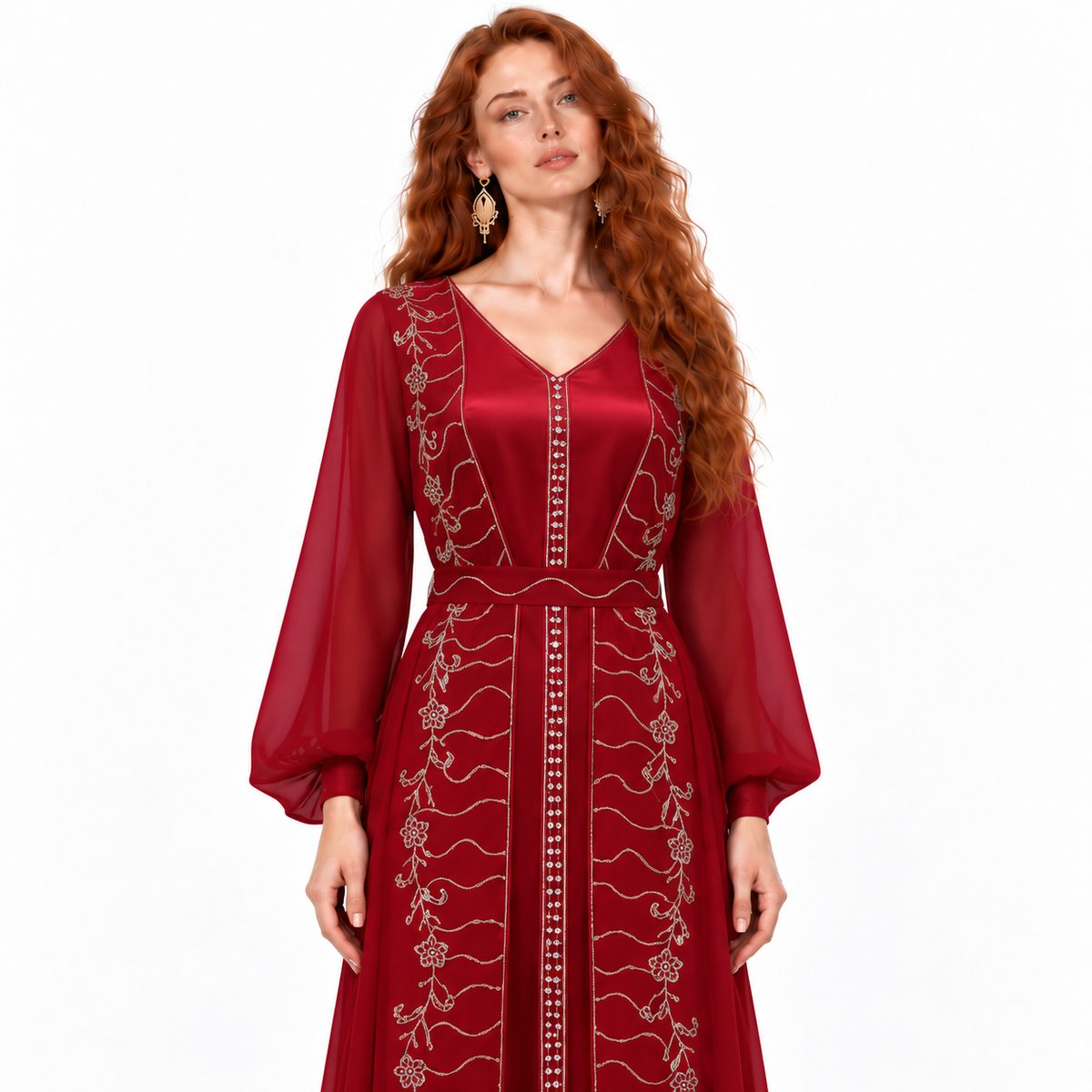 Elegant Burgundy Gold Embroidered Kaftan Lebaran