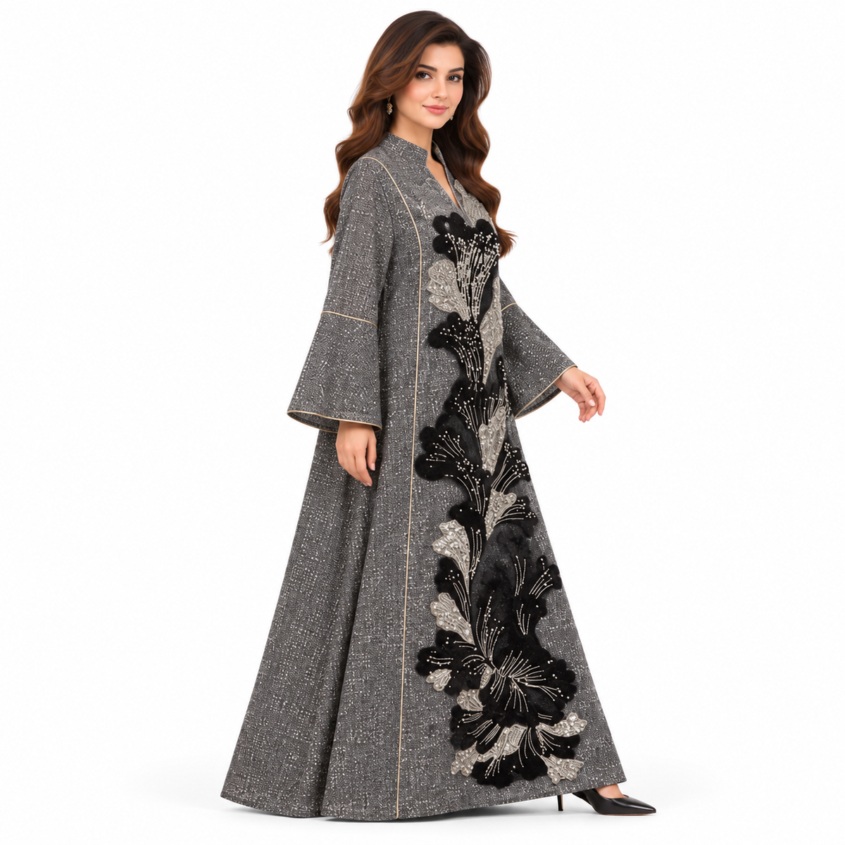 Elegant Black Floral Sequin Pakistani Kaftan